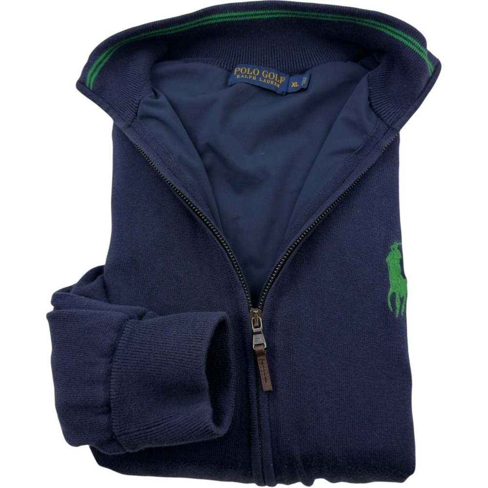 Polo Ralph Lauren Blue w/ Green Large Logo Full Double Zip Sweater Men's Size XL